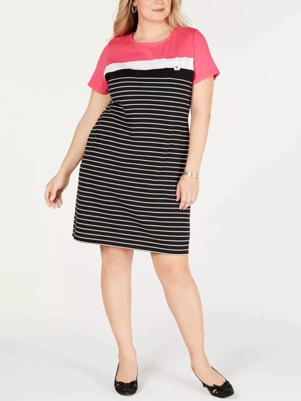 Karen Scott Pink and Black Striped Knit Shift Dress